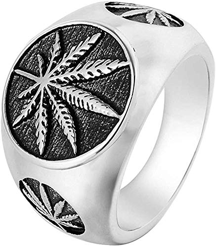 LAMUCH Anillo de Acero Inoxidable Vintage para Hombres Hierba Marihuana Cannabis Hoja Símbolo Rock Punk Hip-Hop Joyería Tamaño EE. UU. 7-15