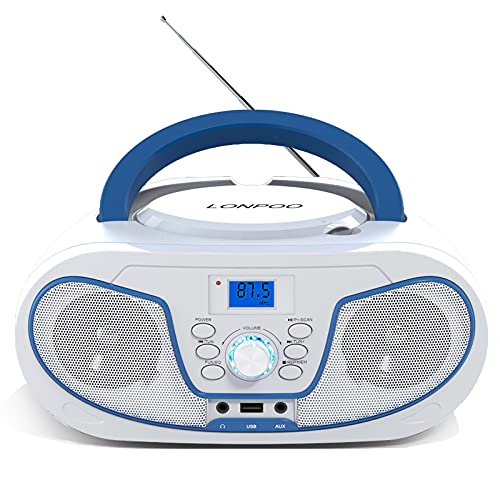 LONPOO Boombox Portable CD Player for Home Stereo Audio with Bluetooth, FM Radio, USB, AUX-in, Headphone Output (White)