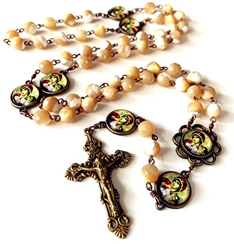 elegantmedical HANDMADE Mary Help of Christians ROSARY Faceted MOTHER-OF-PEARL BEADS CRUCIFIX CROSS NECKLACE BOX