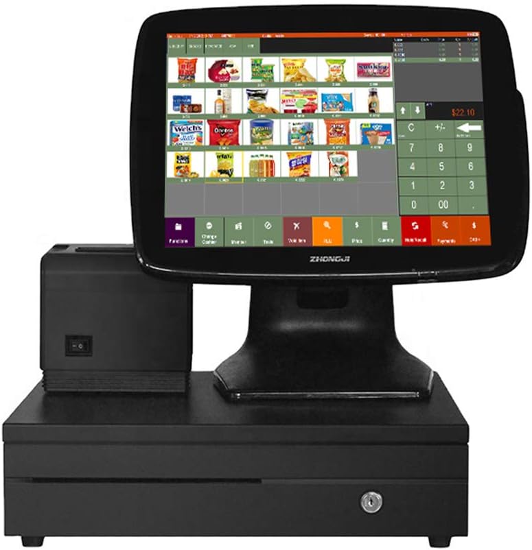 Front view of ZHONGJI A3D Touch POS System showing the main touch screen with a sales interface