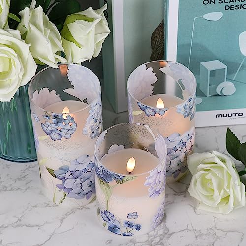 Image of Hydrangea Glass Flameless Candles with Remote Timer Battery Operated LED Flickering Pillar Candles Real Wax Spring Dinner Wedding Holiday Decor D3 x H4, 5 inch, 6 inch