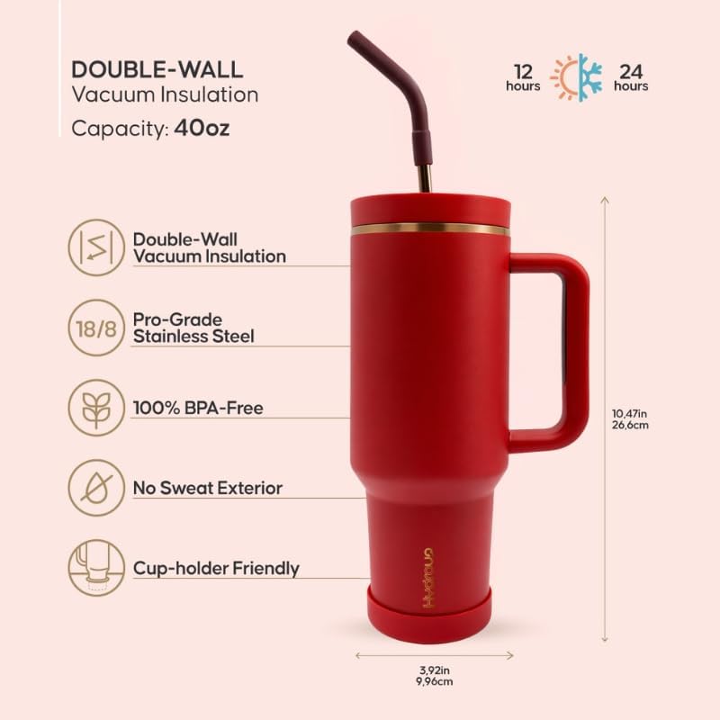 40oz Travel Tumbler Cup with Handle, Two-Way Slider Lid, Stainless Steel Straw with Silicone Tip, Vacuum Insulated Water Bottle for Hot & Cold Drinks, Great Gifts for Mom (Red Gold) - Image 5