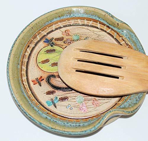 Handmade Pottery Cat and Dragonfly Spoon Rest