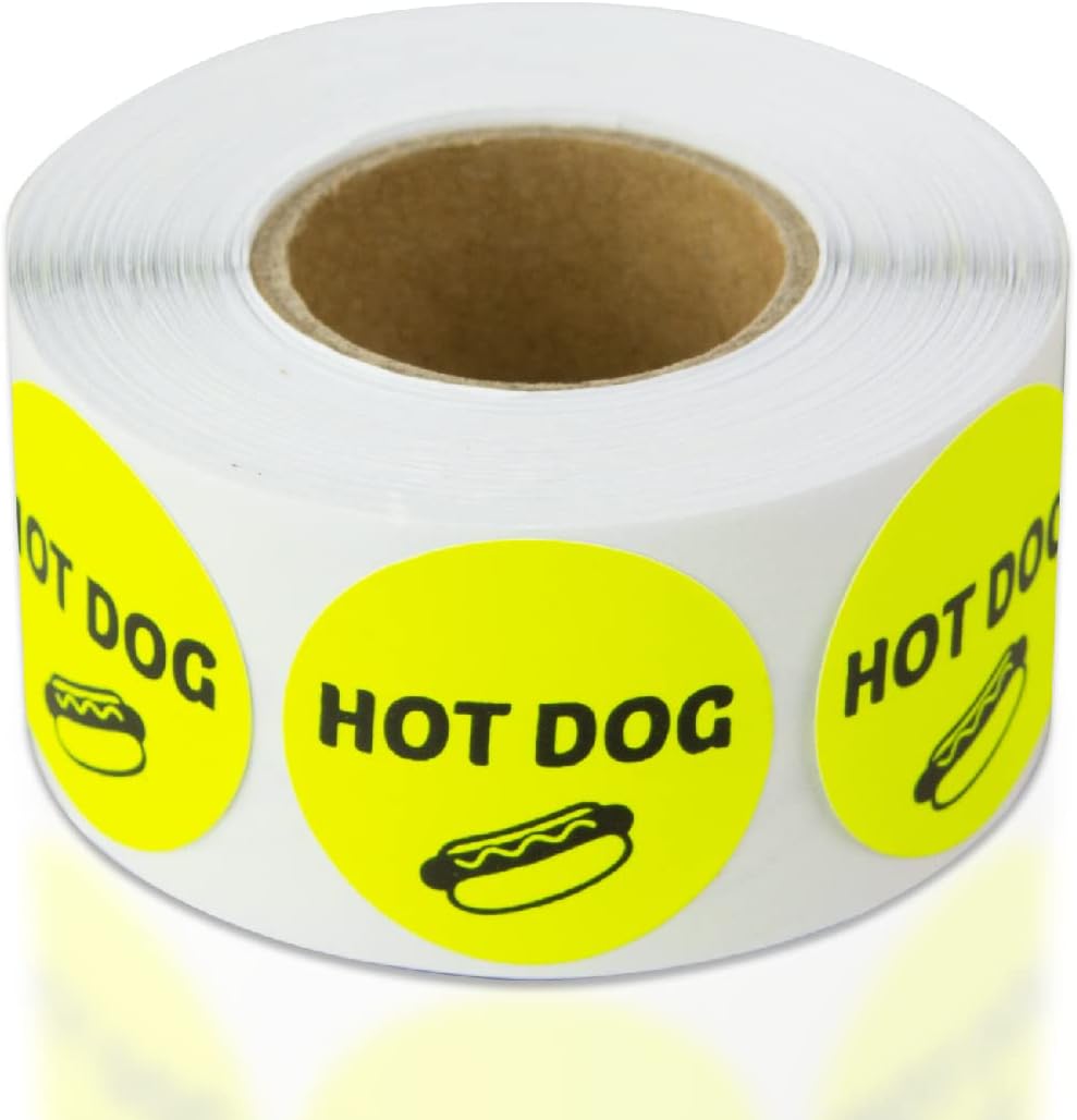 300 Labels - Hot Dog Stickers for Delis, Restaurants, Supermarkets, Food Labeling or Butchers etc. (1 inch, Yellow - 1 Roll)
