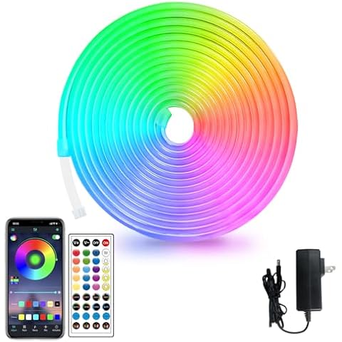 segrass 16.4ft LED neon Lights with Remote APP Control IP65 Waterproof Flexible Neon Strip Lights 24V RGB LED Rope Lights for Bedroom Room Outdoors Decor Cover