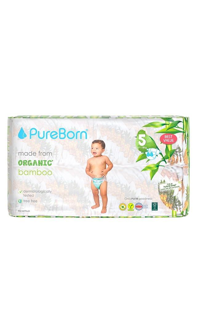 PureBorn Nappies Pure Organic Bamboo Nappies – Nappies Size 5 Hypoallergenic 88 - Nappies Ultra Soft (11-18 kg) 100% Plant Based Eco Friendly Clouds Print