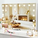 FENCHILIN Vanity Mirror with Lights 32''x23'' Tempered Glass Large Hollywood Mirror with 18 Dimmable Bulbs for Makeup Table/Hanging Bluetooth Speaker Mirror with Touch Screen & USB Charge Port