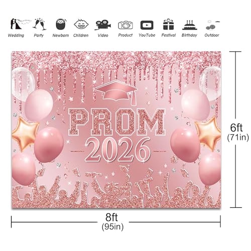 Fitumiw Pink Prom 2026 Graduations Backdrop Rose Gold Class of 2026 Congratulate Graduation Background Party Decorations 2026 Congrats Grad Banner Photo Booth Props (Pink, 8x6ft) by Fitumiw - Used condition - Image 3
