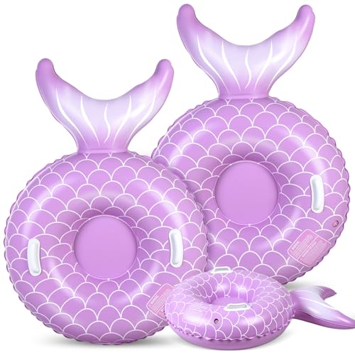 Soulchen 2 Pack Inflatable Snow Tube 36" Snow Sled for Kids Heavy Duty Thickened Bottom Sled for Winter with Sturdy Handles Durable Winter Toys for Outdoor Sledding Tube(Purple,Mermaid Pattern)
