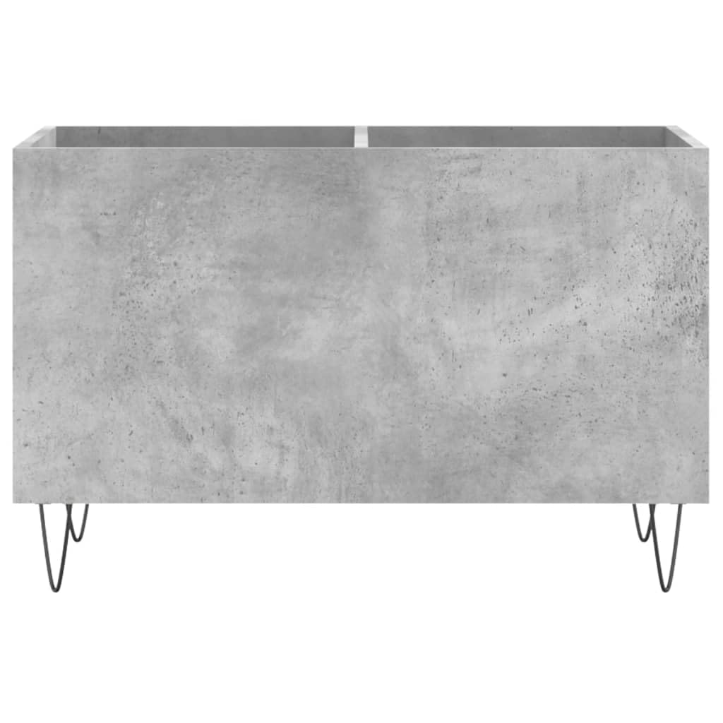 Betonowa szara szafka panelowa 74,5 x 38 x 48 cm, wykonana z materiału drewnopochodnego z żelaznymi nogami, przestronna i stabilna, do winylu, płyt LP, z miejscem do przechowywania