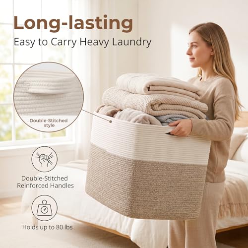 OIASKET-108L-Cotton-Rope-Storage-Basket-for-Living-Room-and-Bedroom-25x16x16-Woven-Laundry-Basket-Heavy-Duty-Bin-for-Blankets-Pillows-Toys-Pet-Safe-Scratch-Free-Brown-and-White
