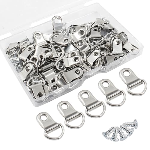 Image of Murtenze Small D Ring Picture Hangers, 50Pcs D Ring Hangers Hardware Set with Nickel Plated Screws - Ideal for Wall Decor, Mirror, and Art Gallery Display