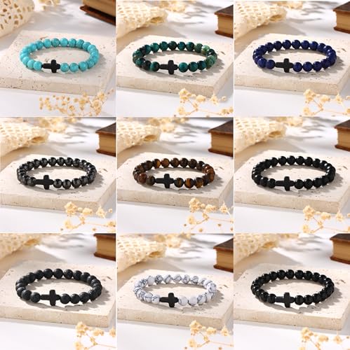 SONNYX 10PCS Religious Cross Beaded Bracelets for Men Adjustable Stretchy 8MM Natural Stone Bead Christian Gifts Faith Based Jewelry Jesus Bracelet4