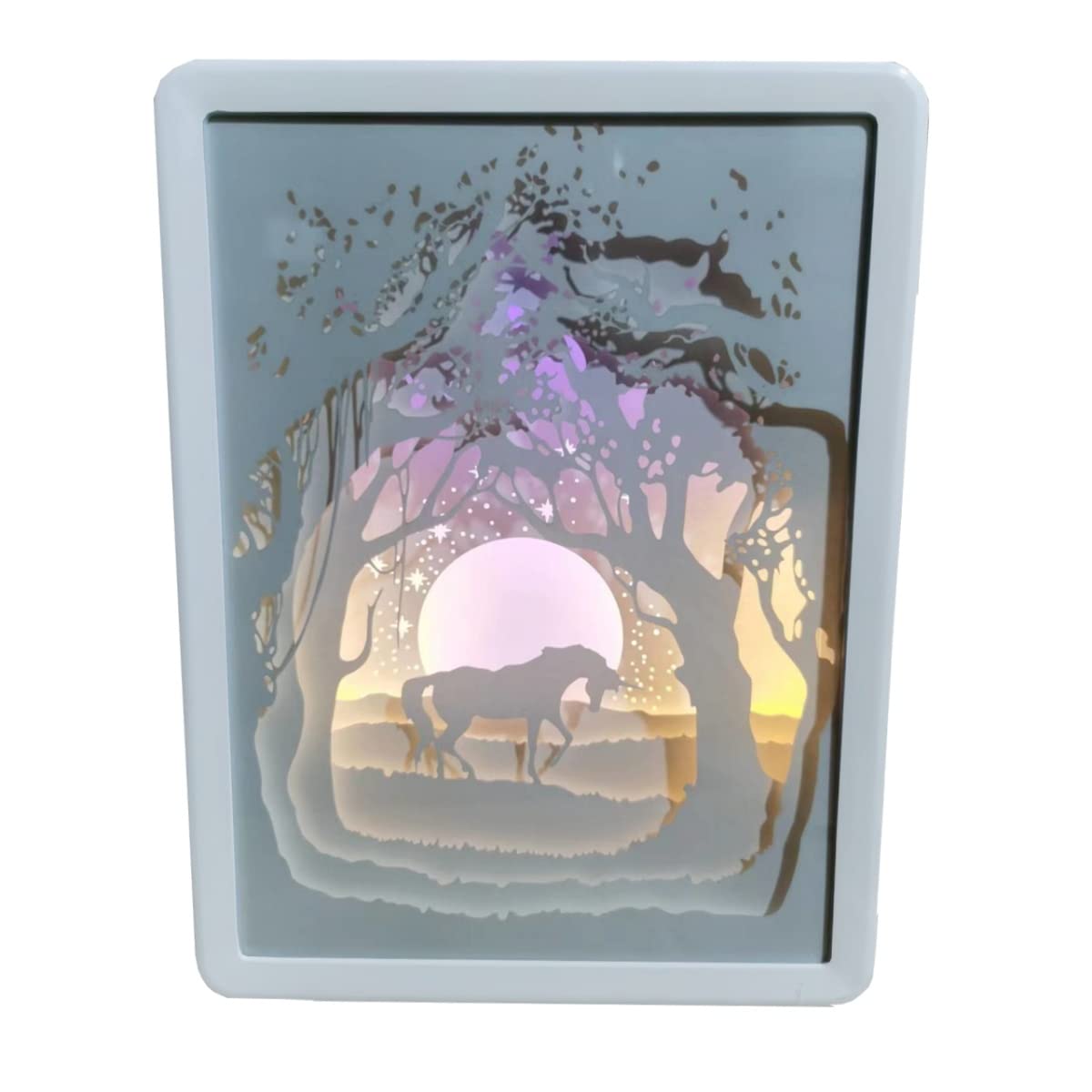 Caja de luz 3D Papercut – Rectangle Unicorn – Dimensiones: 16 x 5 x 21 cm – Unicornio Shadowbox accesorio para el hogar – Lámpara de tallado de papel – Luz nocturna creativa – Decoración única