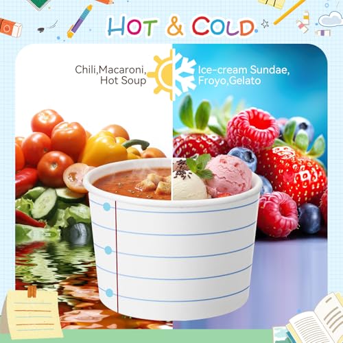 Image of Funnymoom 50 Pack Notebook Paper Ice Cream Cups Back to School Party Supplies 9 oz First Day of School Disposable Dessert Bowls Soup Snack Cups for Hot Cold Food Kindergarten Teacher Classroom Party