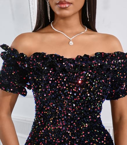 Image of dasmzper Women Sexy Sequin Off Shoulder Ruffle Short Sleeve Bodycon Mermaid Party Formal Evening Maxi Dress