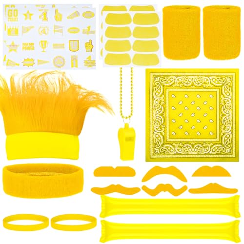 Bonuci 72 Pcs Yellow Spirit Wear Boys Camp Color War Accessories Team Spirit Day Accessories Spirits Bundles Colored Stuff Field Supplies Camp Game Color Items Crazy Hair Wig for Sport