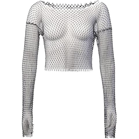PIGIAOKA Rhinestone Mesh Body Chains Long Sleeve Crystal See Through Cover up Crop Tops Fishnet Bikini Nightclub Party Festival Outfits for Women and Girls Cover