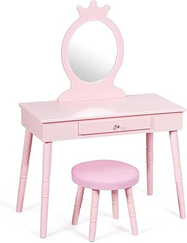 Miniatura 30 de HONEY JOY Vanity - Juego de tocador y silla de maquillaje de princesa con forma de corona con cajón, taburete acolchado para niños pequeños, espejo