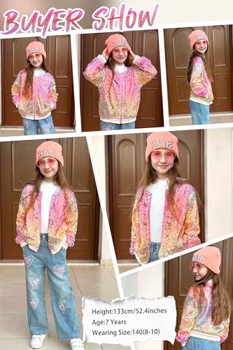 Image of LOLANTA Girls Sequin Jacket, Long Sleeve Kids Bomber Coats with Pockets, Spring Fall Outfits for 4-15 Years