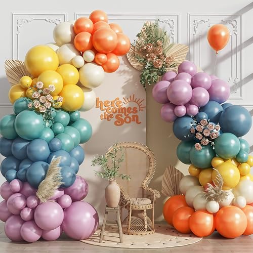 Image of 144PCS Rainbow Balloon Arch Kit, Assorted Colorful Balloon Garland with Dusty Slate Blue Retro Orange Balloons, Mustard Yellow Beige Balloons for Baby Shower Boho Groovy Birthday Party Decorations