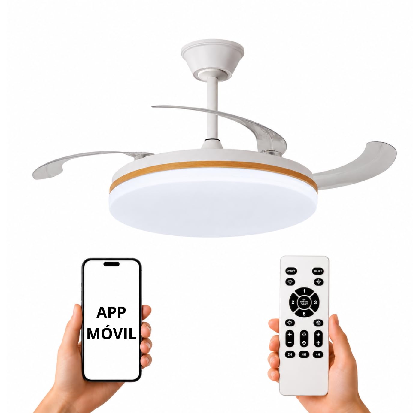 NARVI Small Ceiling Fan Ø40 cm Beech Wood with LED Light 30WDimmable, Low Consumption Silent DC Motor, Fan Lamp with Control, Retractable Blades, RONDA 1661-40 WDN