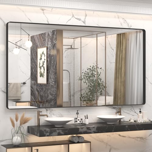 CHARMOR 66x36 Inch Black Metal Framed Bathroom Mirror for Wall, Large Rounded Rectangle Mirror, Matte Black Bathroom Vanity Mirror, Anti-Rust, Shatterproof, Hangs Horizontally or Vertically