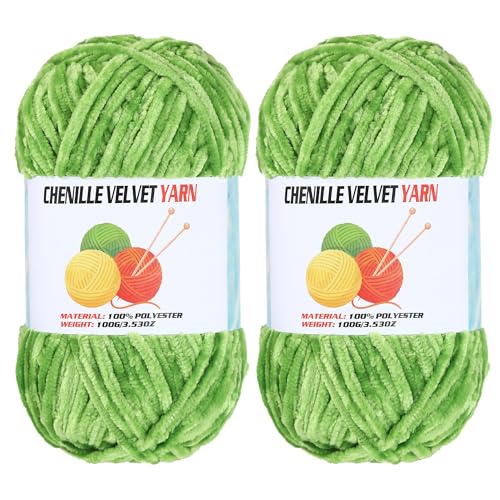 Image of 2 * 100g Velvet Chenille Chunky Yarn, Handcrafts Weaving Soft Chenille Yarn for Crocheting Clearance, Used for Making Baby Yarn Blanket, Clothes, Knitting Creations (Grass Green)