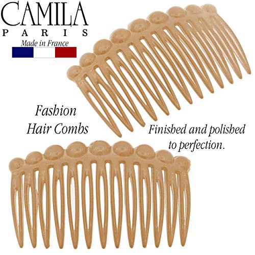 camila paris cp28922 french hair side comb small rounded beige french twist hair combs decorative strong hold hair clips for women bun chignon up-do styling girls hair accessories made in france