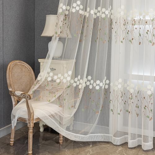 KEKUYA Cortinas Salon 2 Piezas 132x213cm Cortina para Ventana Dormitorio Translúcidas Visillos Paneles con Ojales de Salon Habitacion Modernas,Flores Bordadas Blancas