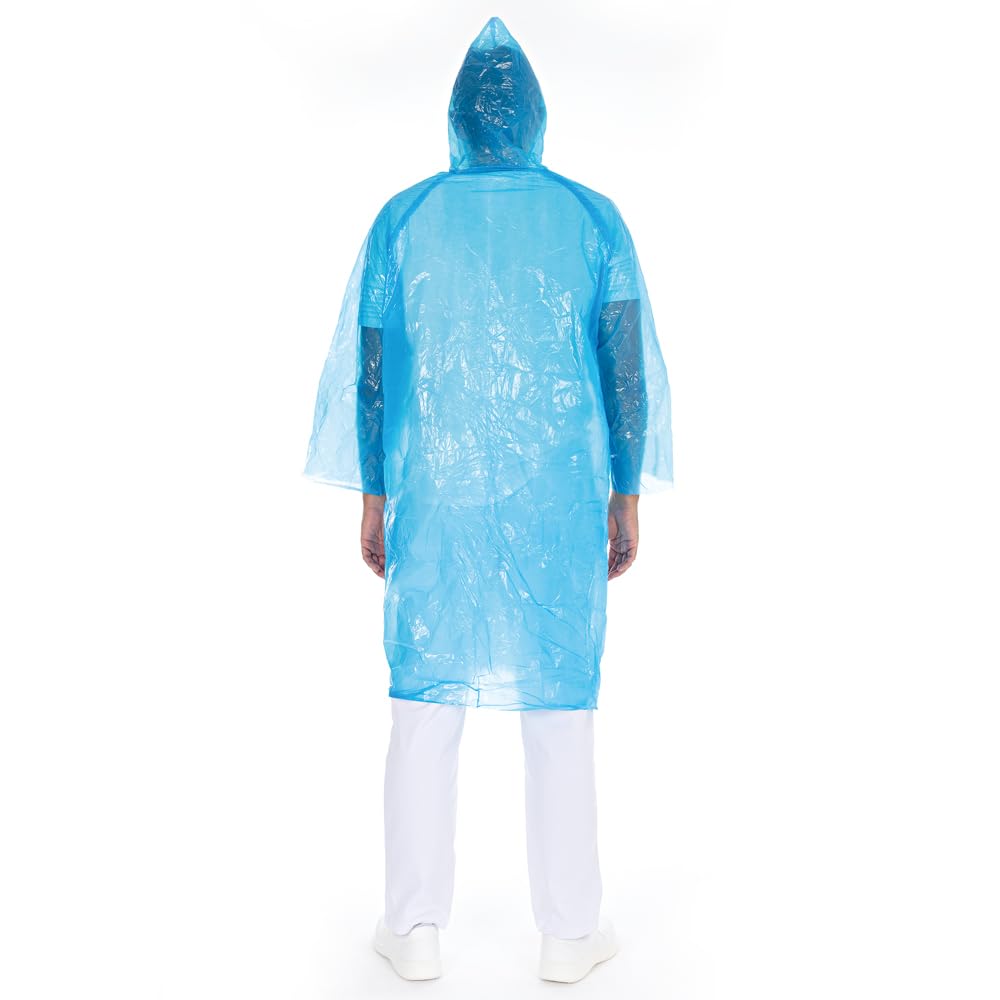 FRANZ MENSCH 50 Stück Hygonorm Besucherkittel Light mit Druckknöpfen, Kapuze | PE, Packung, blau, Einheitsgröße, L: 120cm, Umfang: 150cm, Einwegkittel, Einwegkittel, Besucherkittel