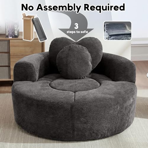 Image of Oversized Round Chair Lounge Chaise Indoor, 54.3 inch Upholstered Corduroy Deep Seat Single Cloud Sofa Chair with Heart-Shaped Pillow Modern Large Circle Boneless Couch for Living Room, Black