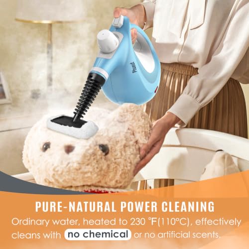 Image of Phueut Pressurized Handheld Multi-Surface Natural Steam Cleaner with 12 pcs Accessories, Multi-Purpose Steamer for Home Use, Steamer for Cleaning Floor, Upholstery, Grout and Car (Blue)
