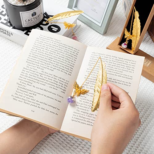 Feather Metal Bookmarks, Bookmarks For Women Teacher Gifts With 3D Butterfly Pendant Gold Feather Bookmark For Graduation Party Teacher Appreciation Gifts Readers Book Lover (3 Styles With Boxes) #TOP2