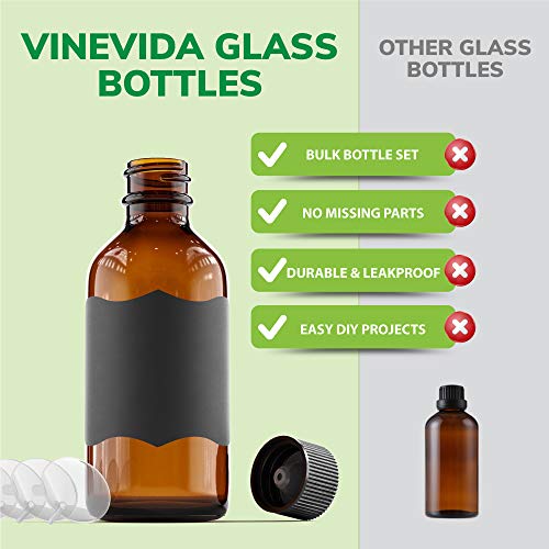 Vinevida 2 Oz Amber Glass Bottles - 12 Pack Amber Boston Glass Bottles With Poly Cap And Accessories - Chalk Labels, Funnels - Empty Tincture Bottles For Essential Oils, Lab Chemicals, And Perfumes #TOP2
