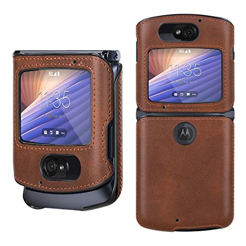 Feitenn for Motorola Razr 5G 2020 Case, Moto Razr 5G Leather Case, Shockproof Flip Cover PU Leather + Hard PC Plastic Bumper Durable Defender Shell Folding Case for Moto Razr 5G 2020 Version - Brown