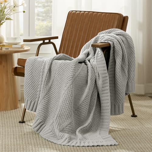 Amélie Home Chevron Chenille Knit Throw Blanket for Couch, Cozy Texture Decorative Soft Blanket for Sofa & Chair, 50"x60", Light Grey