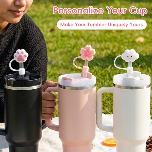 Image of HASTHIP 8PCS Silicone Straw Cover Caps for Stanley Cup, Cartoon Straw Toppers for 10mm Straws, Dust-Proof Reusable Covers for 30oz 40oz Tumbler, Food-Grade BPA-Free Stanley Cup Accessories