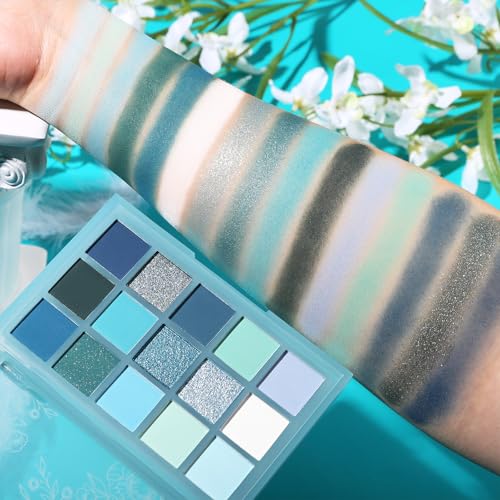 Image of UCANBE 15 Color Eyeshadow Palette - Shimmer Matte Glitter Metallic Cool Tones Shades in White, Blue, Green, Mint, Teal, Navy - High Pigemented Blendable Eye Makeup Palette Kit