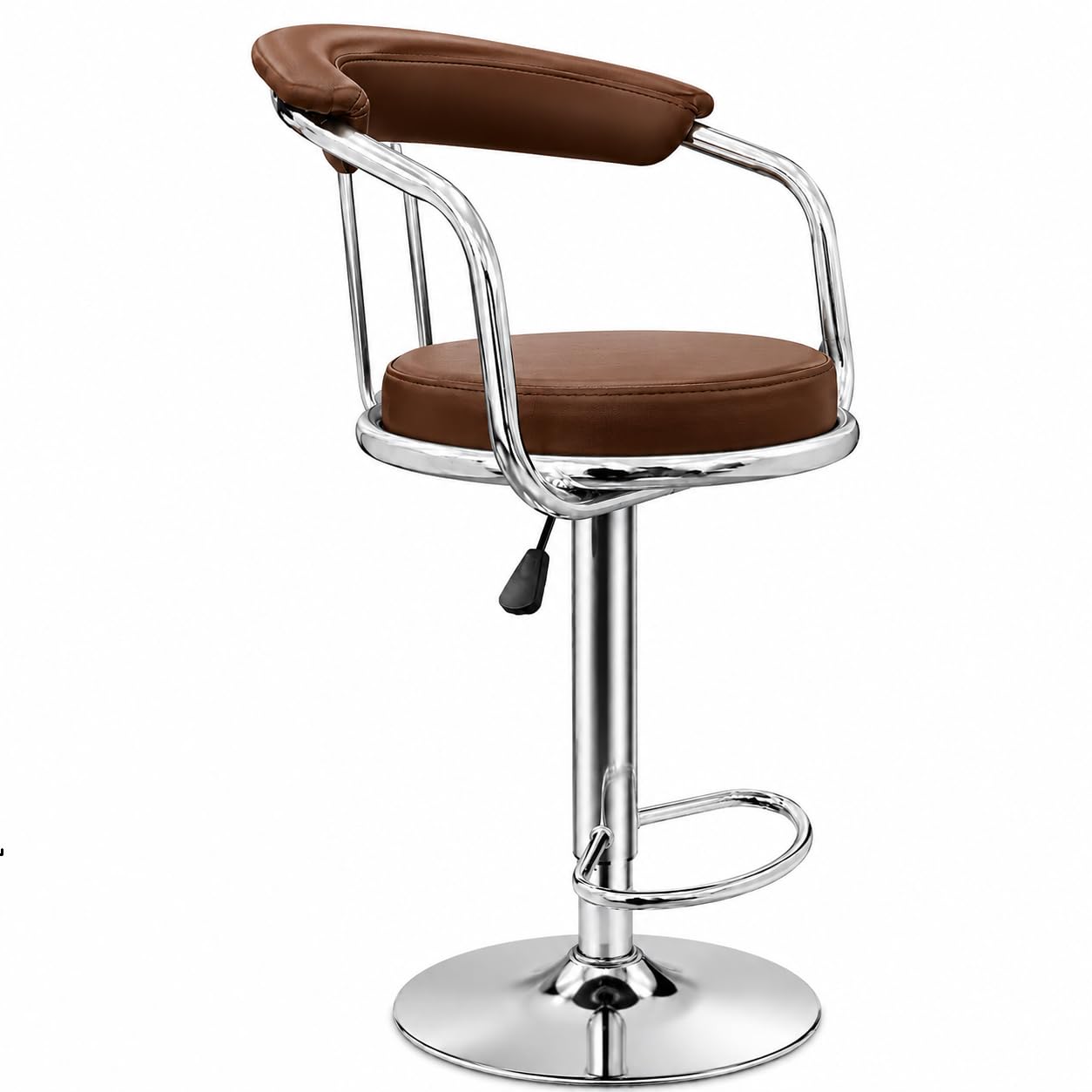 Kemon Modern Adjustable Swivel Bar Stool Chair with Backrest, PU Leather Hydraulic Counter Stool with Footrest for Kitchen Island, Cafe & Home Bar (1, Brown, Round Barrel Stool)