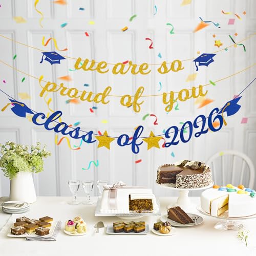 Image of Graduation Banner 2026, Gold Glitter-We Are So Proud of You Graduation Party Decorations Congratulations Banner Blue and Gold Class of 2026 Congratulations Decorations