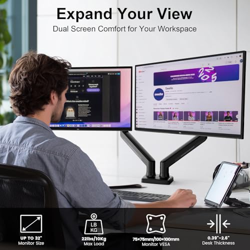 Image of NearHub Dual Monitor Mount for Computer Screen 13-32 inch and Up to 22 lbs,360 Rotation,+90 to -45 Tilt,180 Swivel,with C Clamp and Grommet Base,Integrated Cable Management,75x75 /100x100 VESA