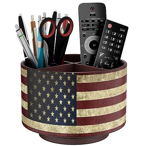 Thipoten Remote Control Holder Faux Leather 360 Art Supply Organizer Multi Functional Caddy for Remote Controllers Office Supplies Perfect Space Saver for End TableNightstandAmerican Flag