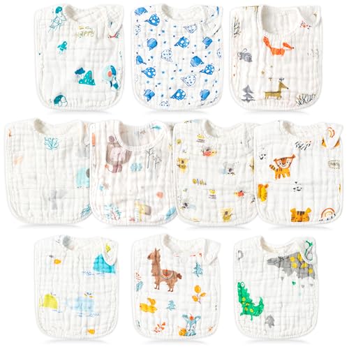 Image of BUoonyer 10pcs Snap Muslin Cotton Bibs, Baby Bandana Drool Bibs, Adjustable Soft Absorbent Cotton Scarf