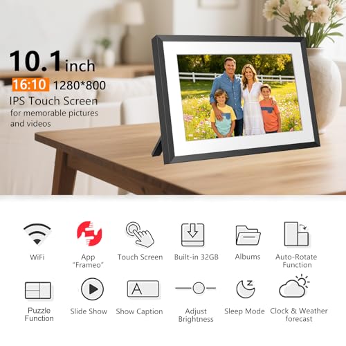 Image of 32GB FRAMEO 10.1 Inch Smart WiFi Digital Photo Frame 1280x800 IPS LCD Touch Screen, Auto-Rotate Portrait and Landscape, Share Moments Instantly via Frameo App from Anywhere