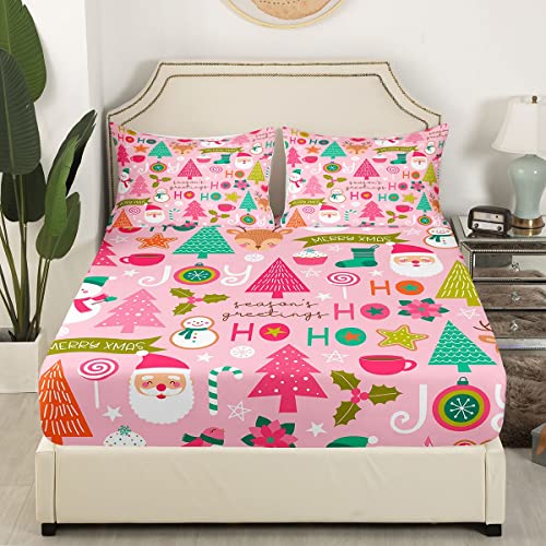 Pink Christmas Bed Sheets, Cartoon Santa Claus Sheet Set Full Size For Kids Boys Girls Women Bedroom, Snowman Pine Fitted Sheet + Christmas Tree Cute Deer Top Sheet + 2 Xmas Decor Pillow Cases #TOP3