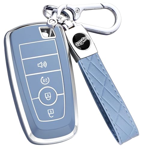 Key Fob Cover for Ford - Premium Soft TPU Shell Full Protection Case with Keychain Fits Bronco Sport Maverick Ranger Explorer Expedition Escape Edge Mustang F150 F250 F350 Fusion Blue 4-Button