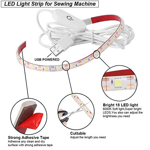 CUQI Bande lumineuse USB pour machine à coudre - 5 V - 30 cm - Avec variateur tactile et clips adhésifs - 18 machines à coudre LED à intensité variable - Pour armoires de cuisine, lits bébé (blanc)