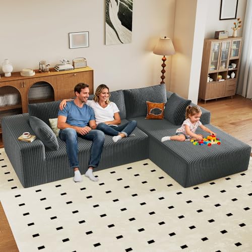 Image of 96 inch Modular Sectional Couch, Boneless L Shaped Cloud Sofa with Chaise Lounge, Corduroy Upholstered Couches Memory Foam Deep Seat, No Assembly Required, Ideal for Living Room(Dark Gray, Right Facing)