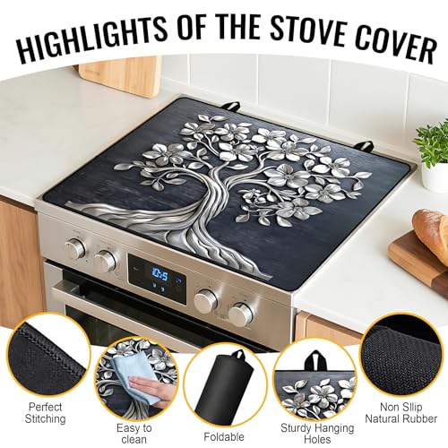 Image of NYZE Stove Cover for Electric and Glass Stove Tops 3-in-1 Stove Mat, Heat Resistant Counter Protector Mat, Non-Slip Surface & Drying Rack (Silver Tree, 28.5 inchLx20.5 inchW)